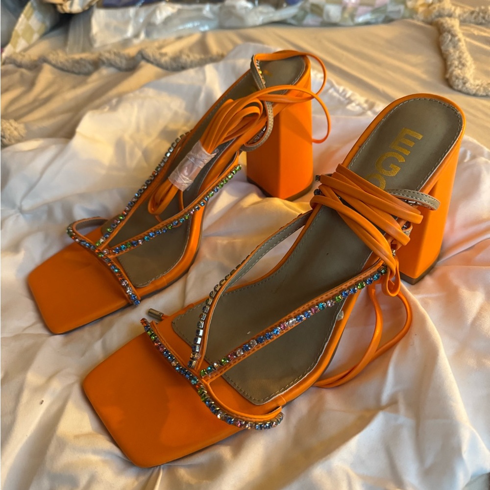 EGO Vibrant Orange Strappy Heels with Rhinestones